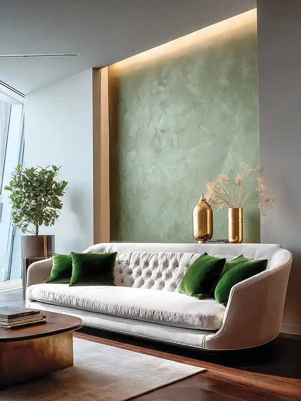 Marmorino Wand in gruen und moderne Couch mit gruenen Samtpolstern