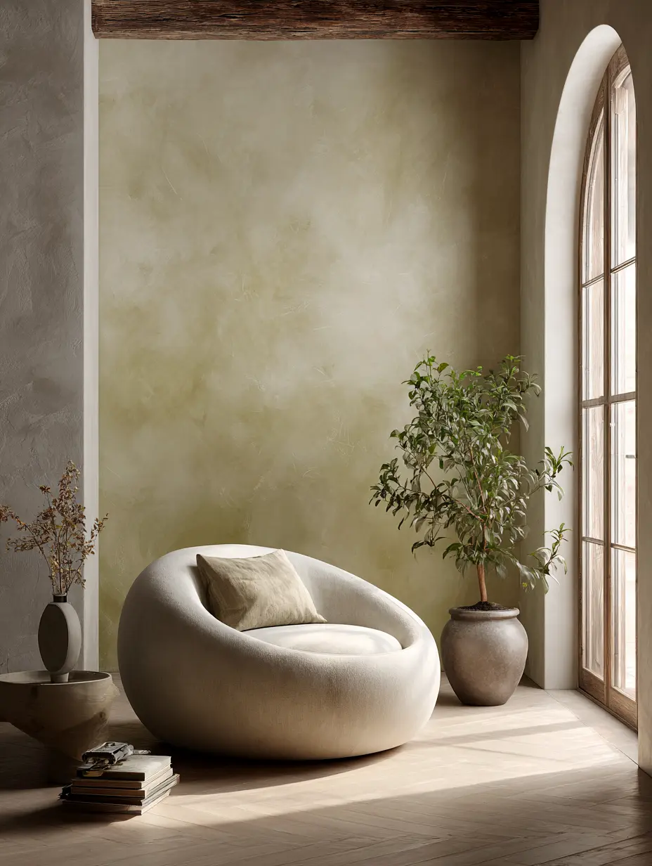 Schablonentechnik mit Marmorino Naturputze Stucco Naturale gruene Marmorputzwand mit modernem Interieur