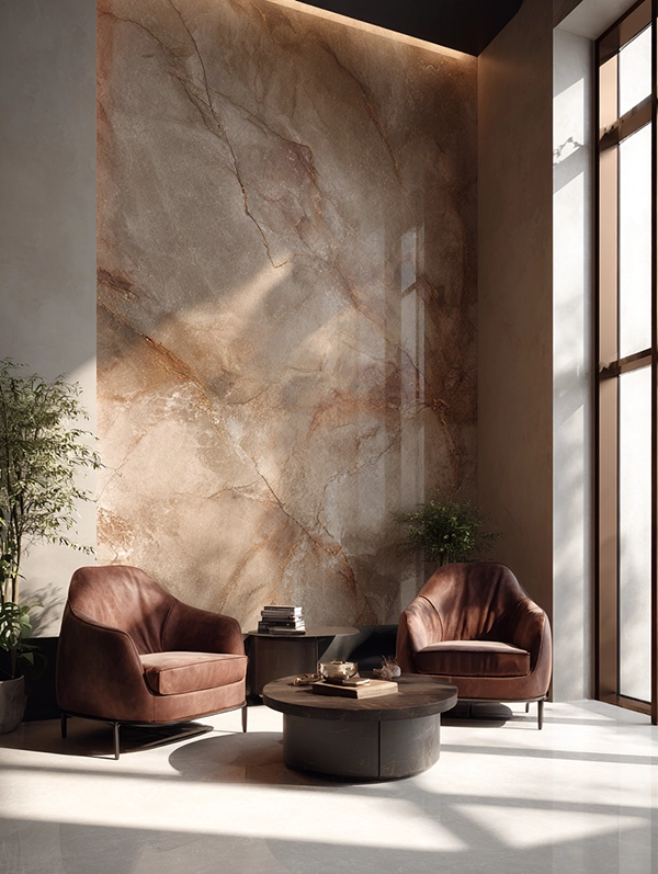 Stucco Veneziano in roetlichem Farbton passend zu den roten Couchsesseln und dem runden Tisch